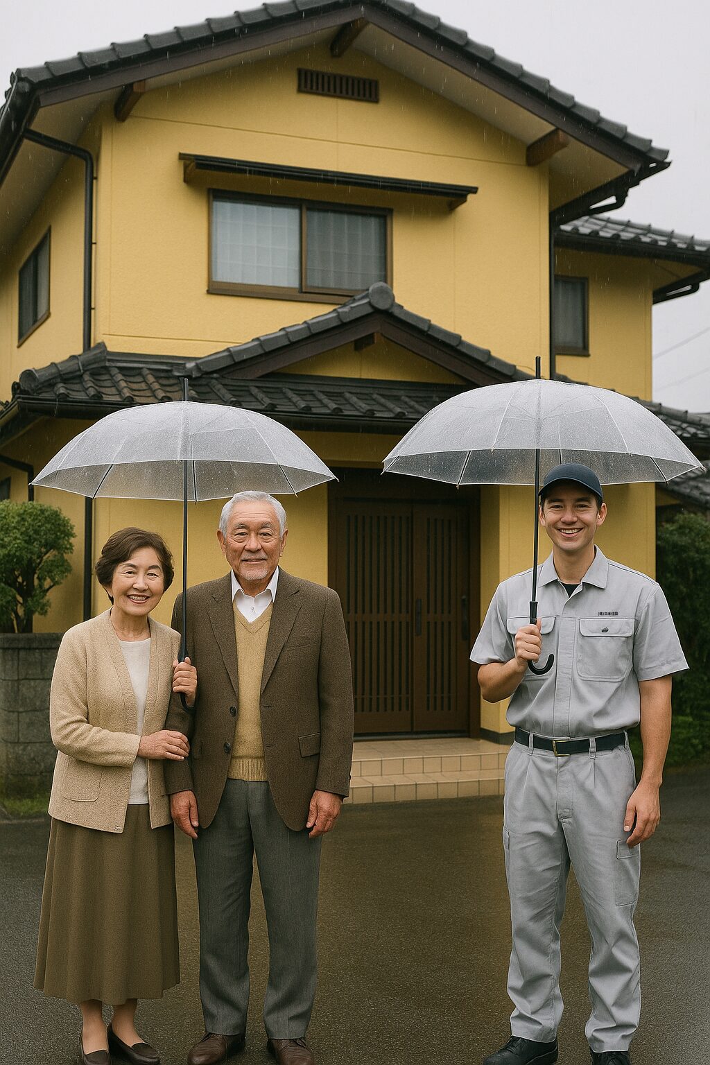 「塗装完了後、笑顔で記念撮影をする施主夫婦と作業員」