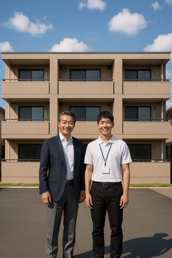 塗装工事完了後、施主と作業員がアパート前で記念撮影をしている様子