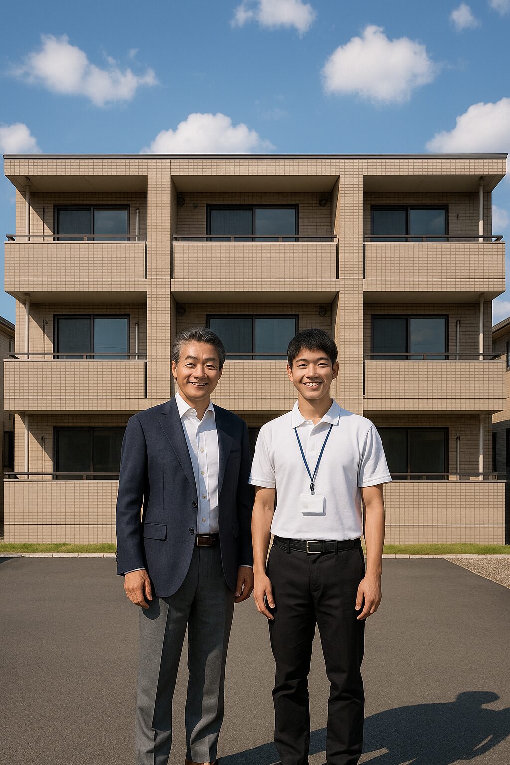 塗装工事完了後、施主と作業員がアパート前で記念撮影をしている様子