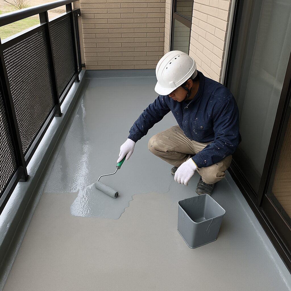 作業員がマンションのバルコニー床に防水塗料をローラーで塗布している様子
