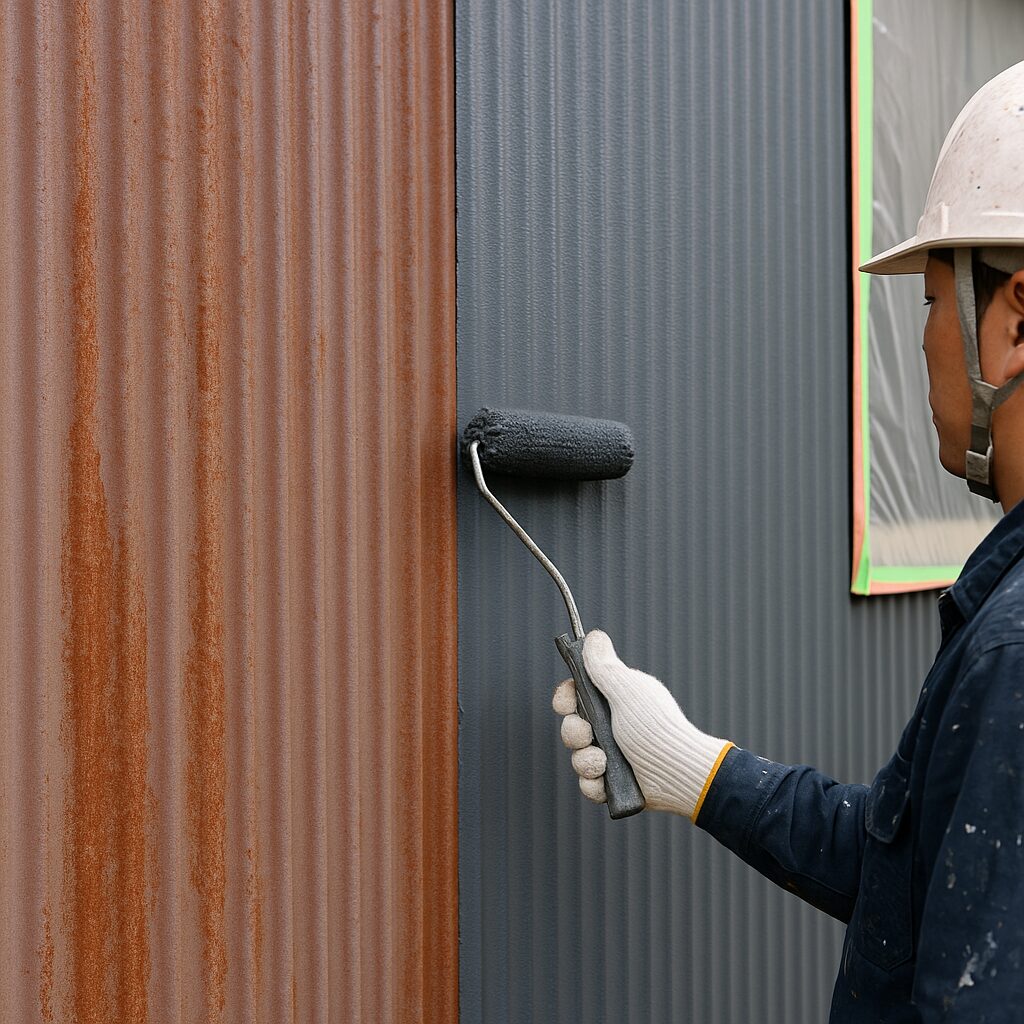 沼津市で行われたトタン外壁の塗装工事。職人がローラーで錆びた外壁に塗装を施し、美しく仕上がっている様子。