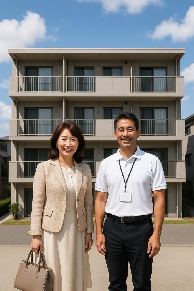 「集合住宅の前で笑顔の施主女性と作業員が並んで記念撮影している様子」