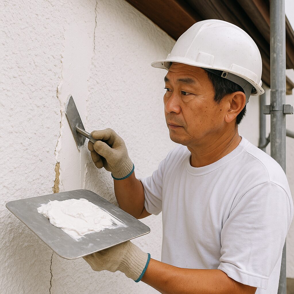 外壁の漆喰を補修している日本人職人の作業風景