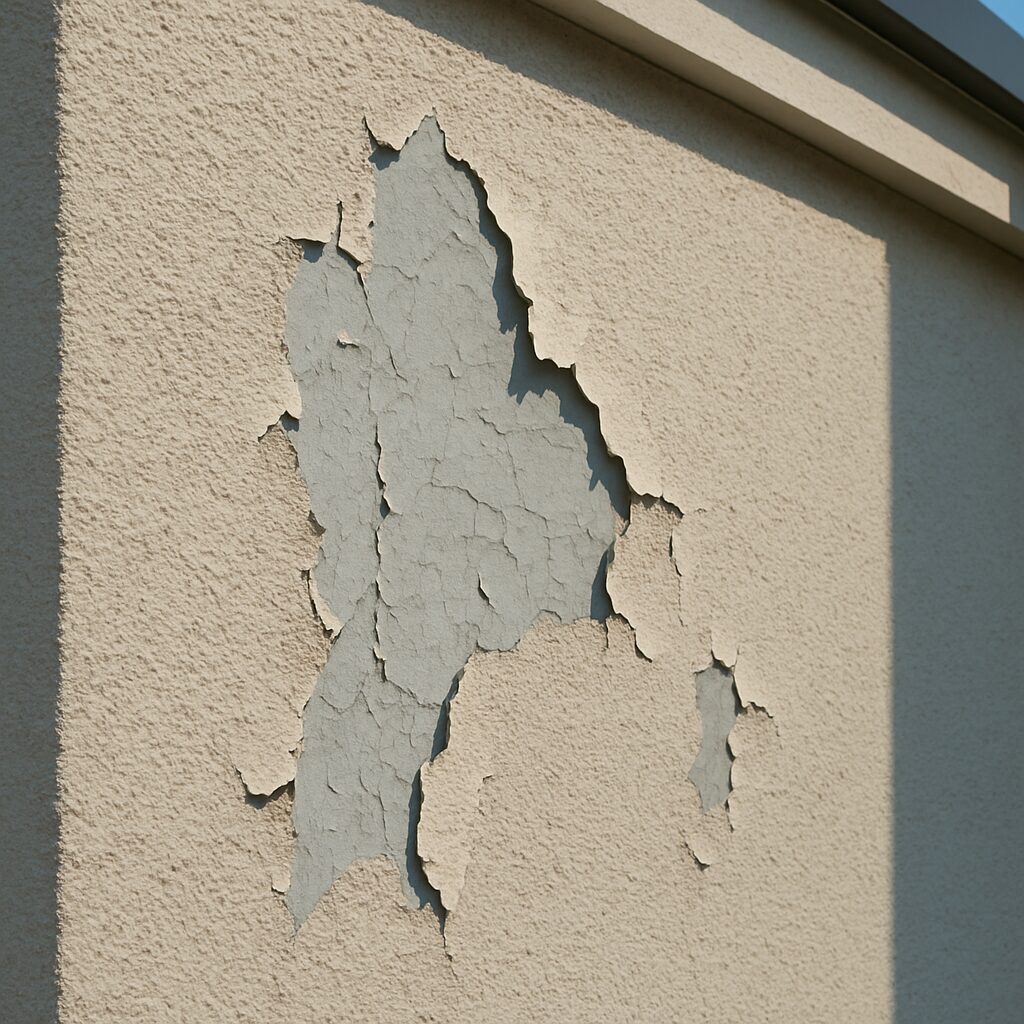 外壁の塗装が大きく剥がれて下地が見えている様子。劣化が進行し補修が必要な状態の壁面。