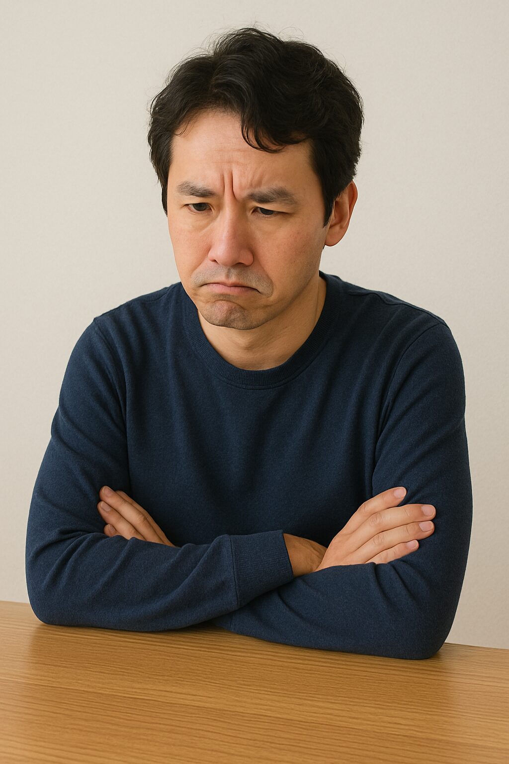 外壁塗装の見積書について悩む日本人男性。腕を組み、深刻な表情で考え込んでいる様子。