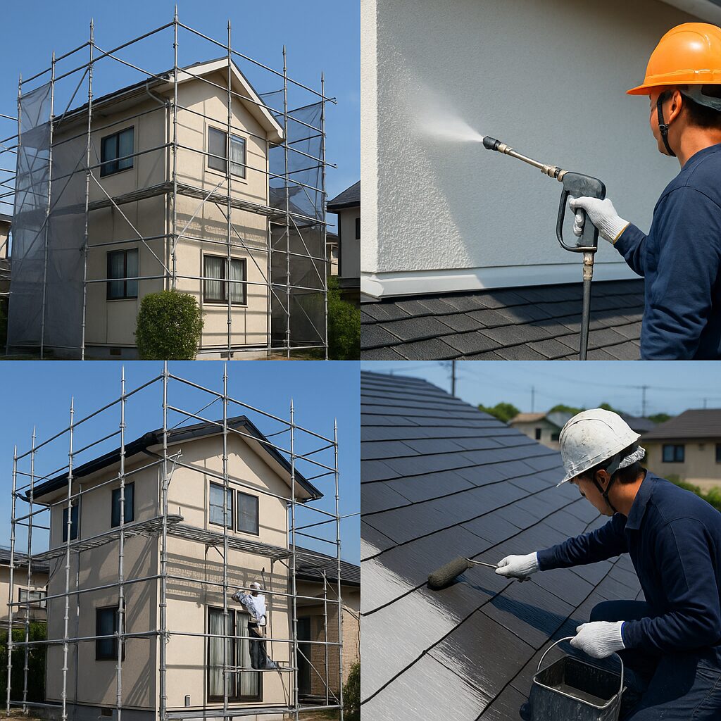 清水町での外壁・屋根塗装の現場写真。職人による丁寧な高圧洗浄・養生・塗装作業の様子