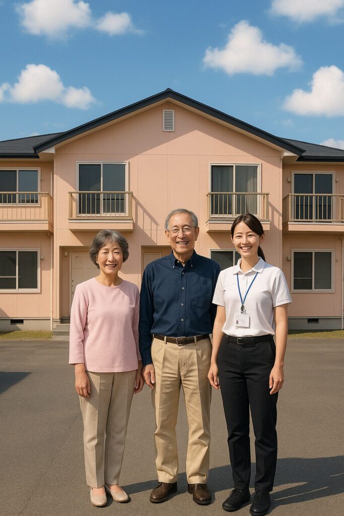外壁塗装を終えた集合住宅の前で記念撮影する施主夫妻と女性作業員