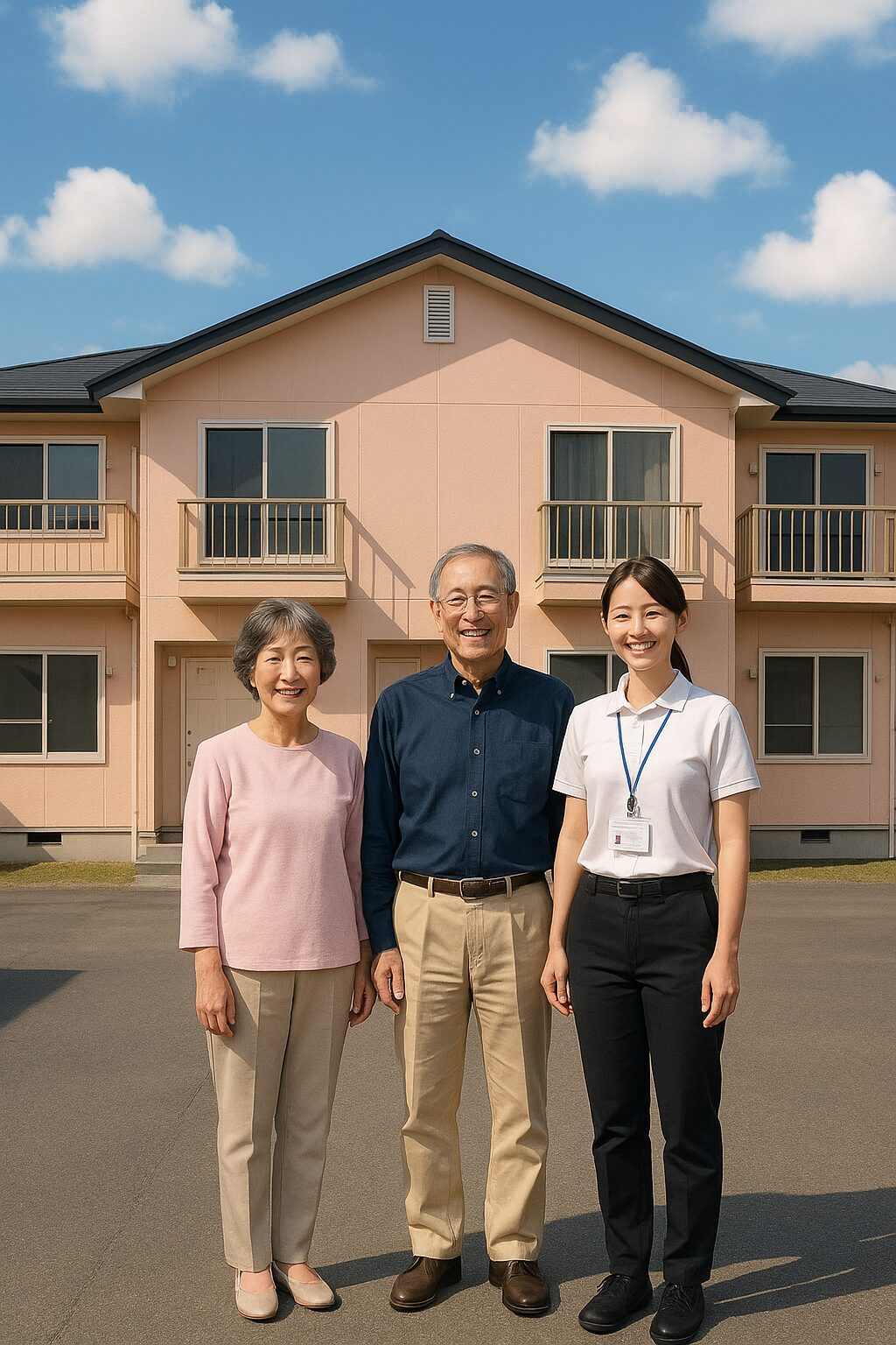 外壁塗装を終えた集合住宅の前で記念撮影する施主夫妻と女性作業員
