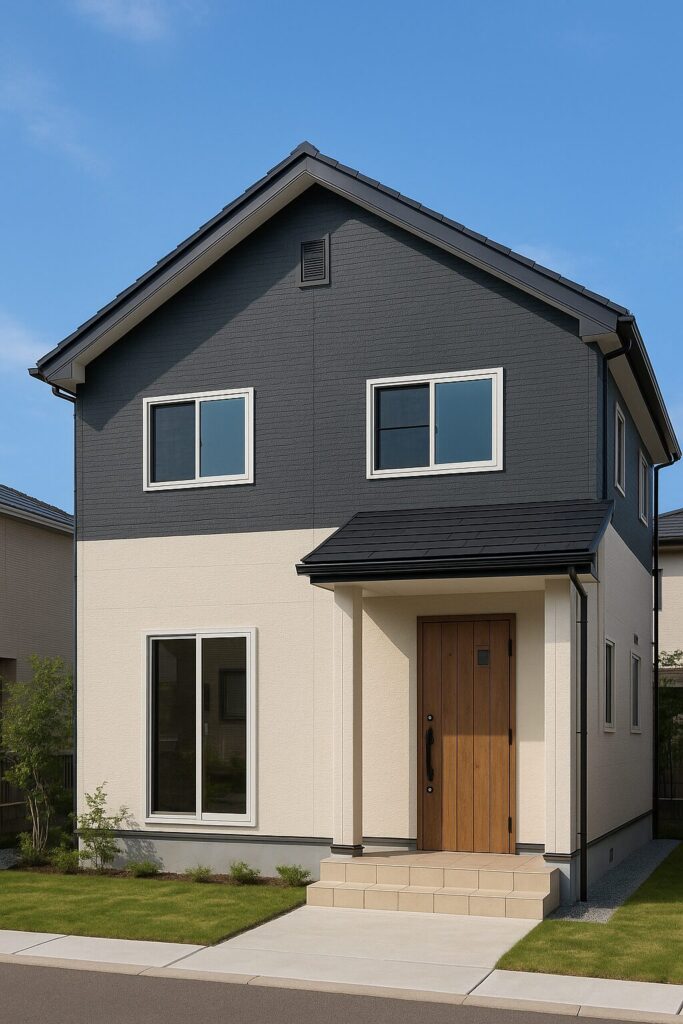 三島市で外壁塗装を行ったツートンカラーの住宅。上部はグレー、下部はベージュの仕上がりで、おしゃれで綺麗な外観。