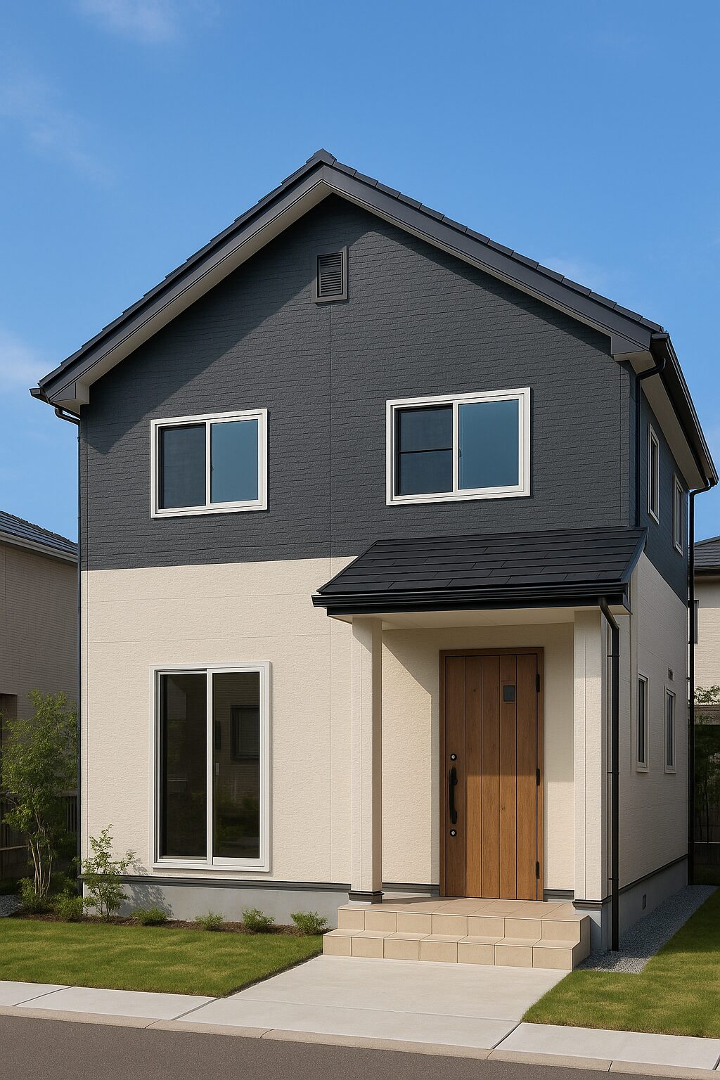 三島市で外壁塗装を行ったツートンカラーの住宅。上部はグレー、下部はベージュの仕上がりで、おしゃれで綺麗な外観。