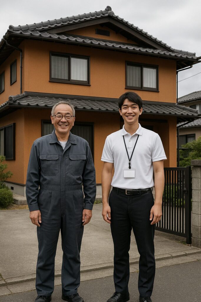 塗装後の和風住宅を背景に施主と作業員が記念撮影する様子