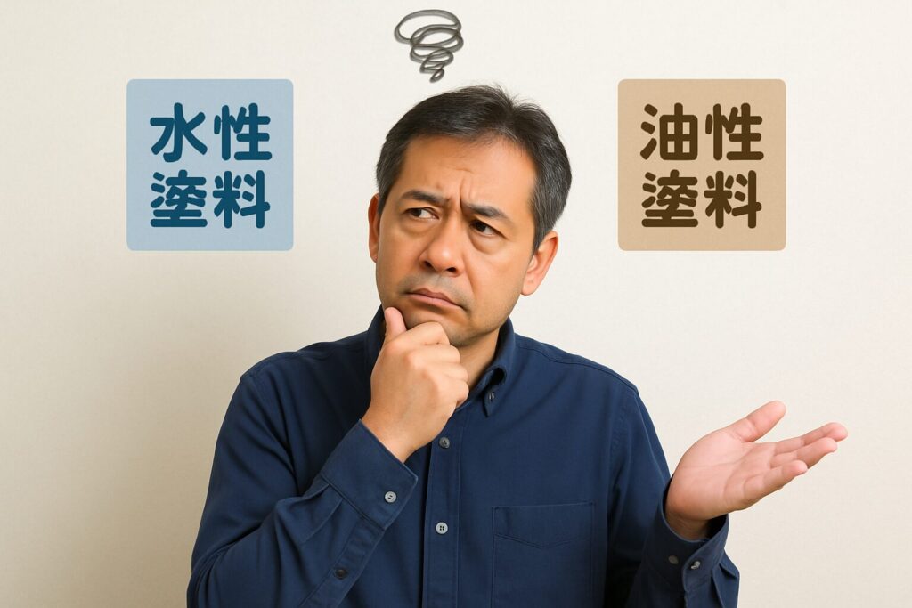 水性塗料と油性塗料のどちらを選ぶか悩む中年の日本人男性
