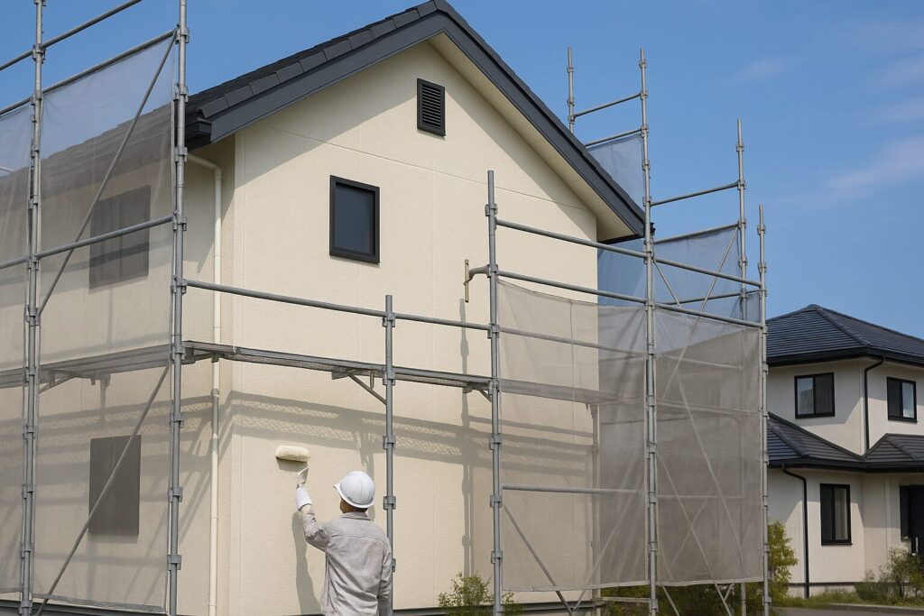 三島市の住宅で足場を組み、日本人職人がローラーで外壁にガイナ塗料を施工している様子