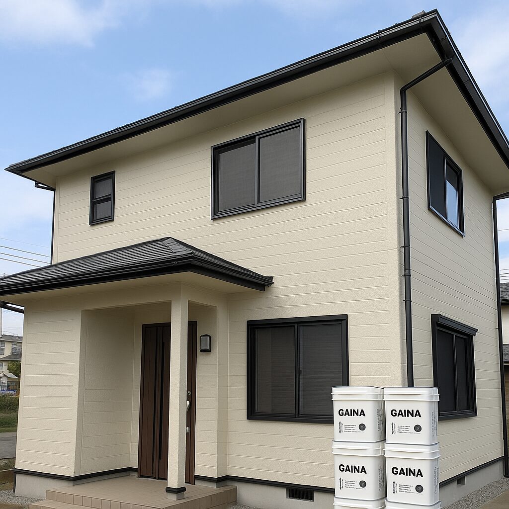 伊豆の国市の戸建て住宅でガイナ塗料による外壁塗装工事完了後の写真。明るい外壁がツヤのある仕上がり。