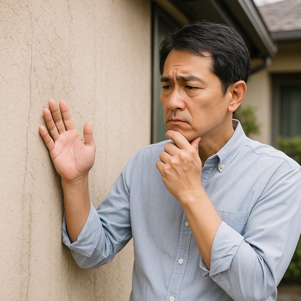 外壁を見上げながら塗り替えのタイミングに悩む施主の様子