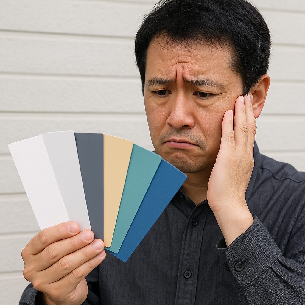 外壁塗装の塗料サンプルを手に取り、種類の多さに困った表情をしている施主の写真
