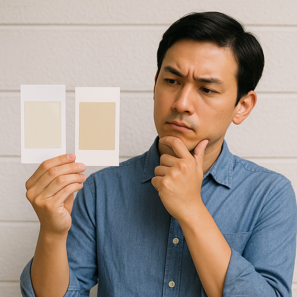 外壁塗装の艶あり・艶なしの違いを考える男性がサンプルを比較している様子