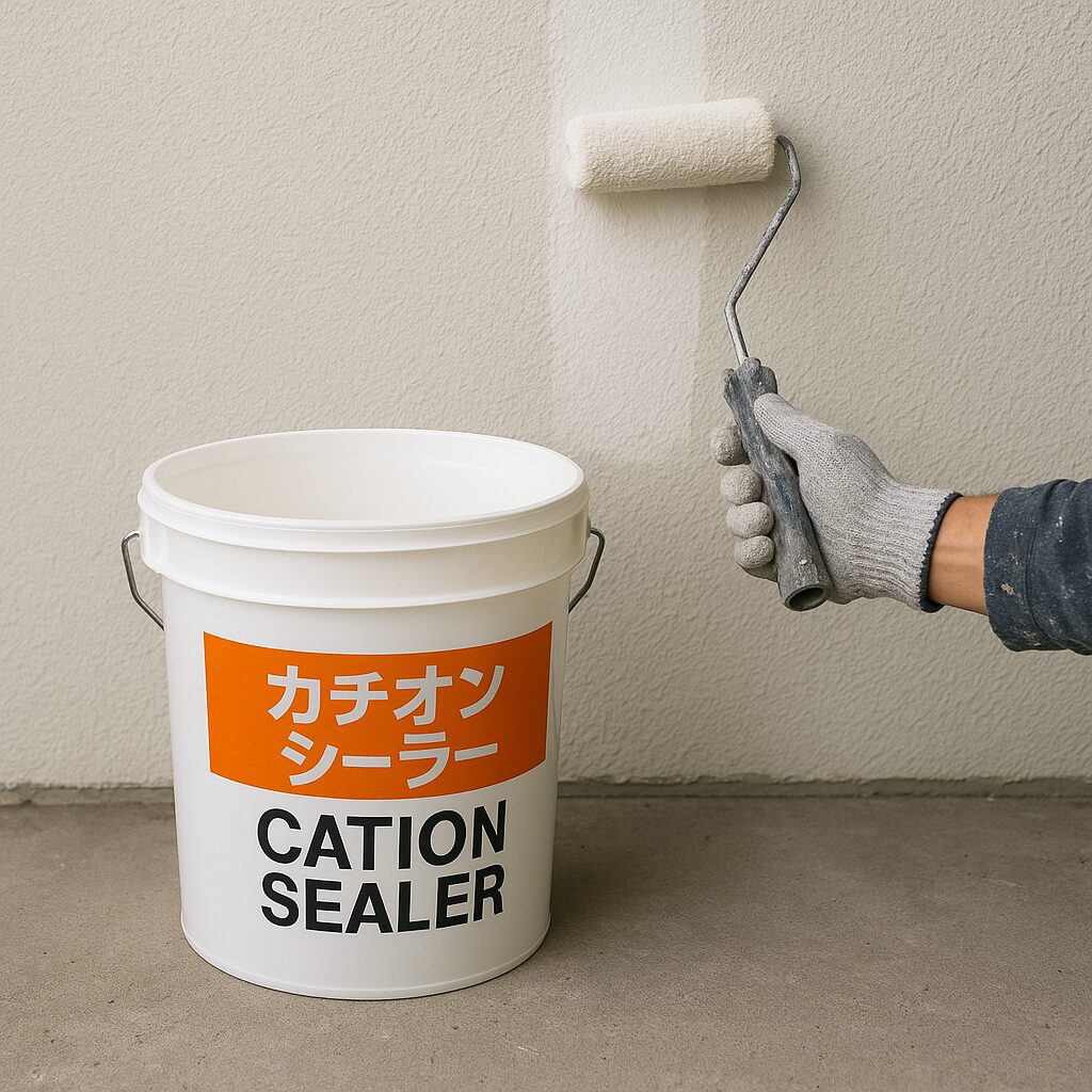 外壁塗装の施工現場で職人がカチオンシーラーをローラーで下塗りしている様子。三島市の住宅塗装工事をイメージできる写真。