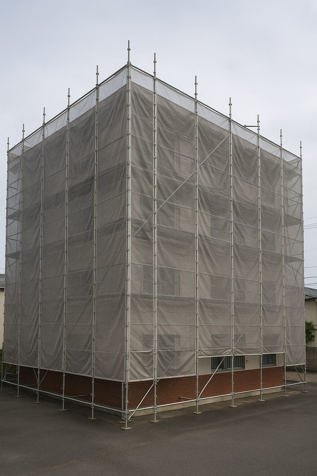 三島市のアパート外壁塗装工事|足場を組みメッシュシートで養生した施工準備の様子