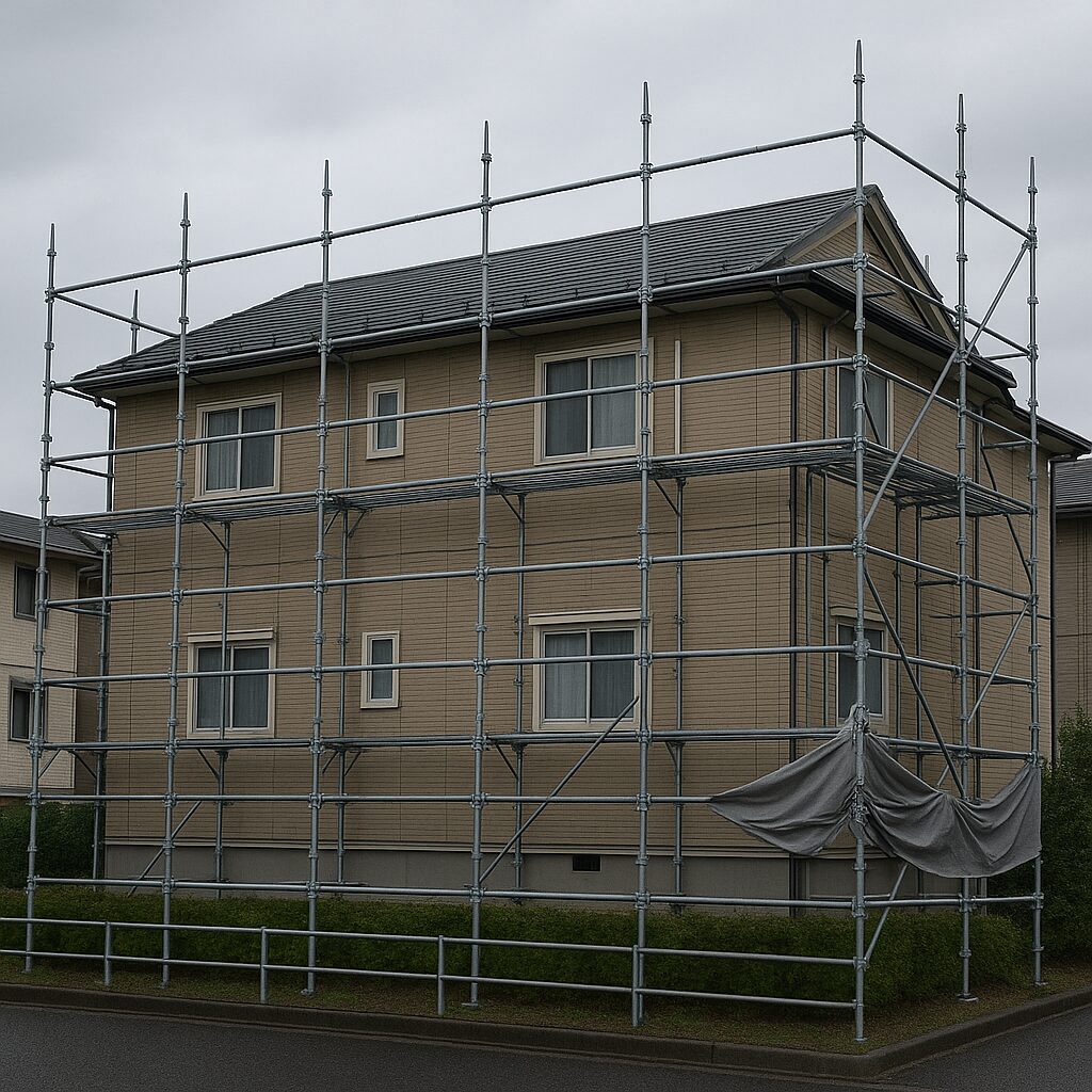 御殿場市のアパート外壁塗装現場。台風対策で足場を強固に設置し、メッシュシートを畳んで風を逃す工夫がされた様子。