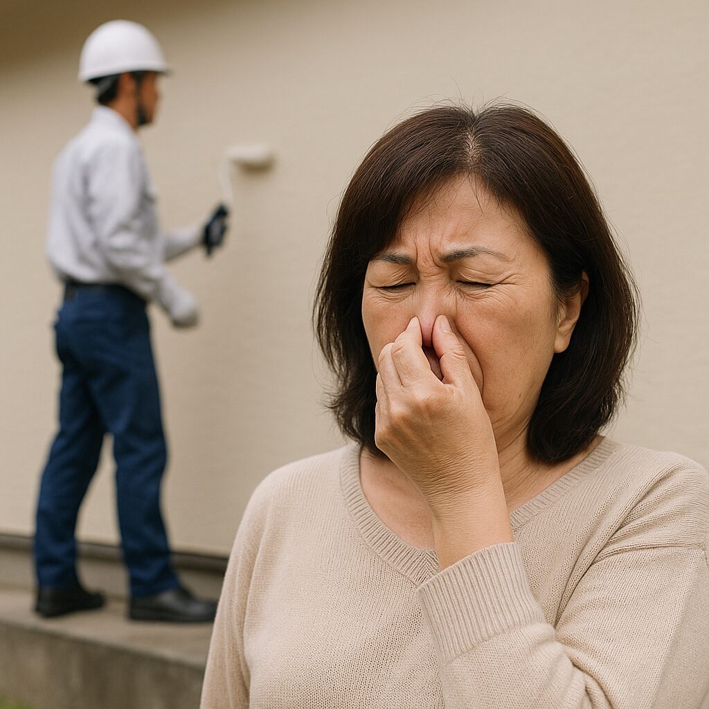 塗装工事中に塗料の匂いで困っている日本人女性と作業中の職人