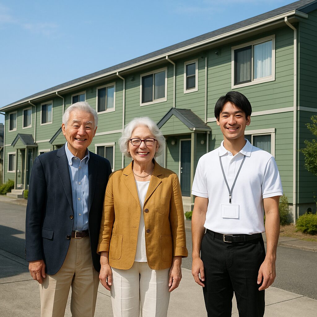 「外壁塗装完了後、アパート前で施主夫婦と作業員が記念撮影」