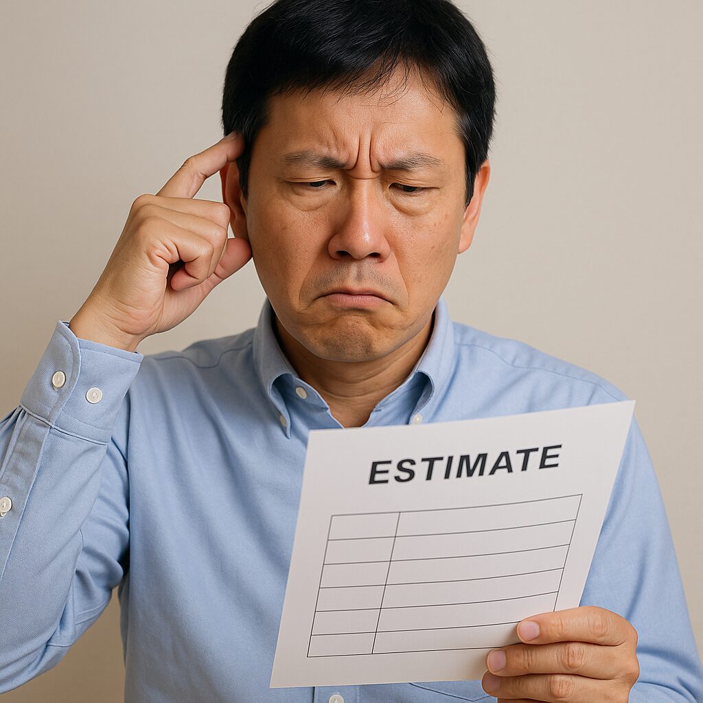 見積り内容を見極められず悩む中年男性｜長泉町 外壁工事 シーリング工事