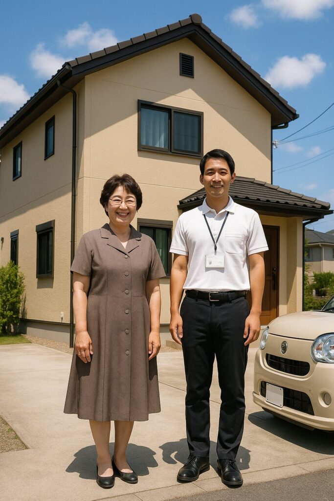 外壁塗装後の戸建て前で施主と作業員が笑顔で記念撮影