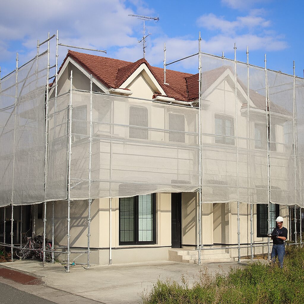 長泉町の一戸建て外壁塗装で足場を設置しメッシュシートを張った様子