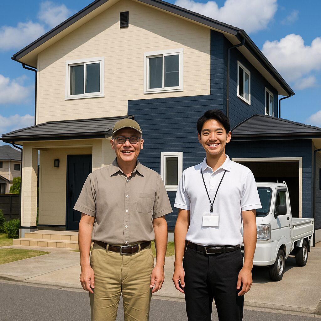 施主と作業員が塗装完了後の戸建住宅の前で記念撮影している様子