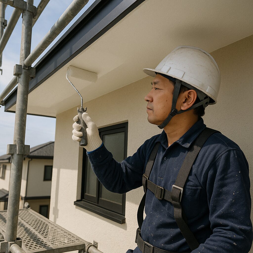 　軒天塗装中の日本人職人。足場の上でローラーを使って丁寧に作業している様子。