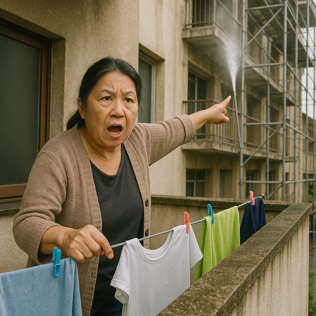 高圧洗浄中に洗濯物が濡れて怒っている女性の様子｜外壁塗装トラブル