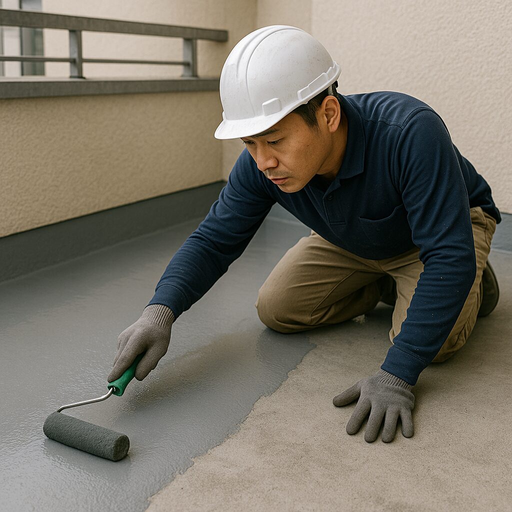 ベランダで防水塗装を施工している日本人職人。コンクリート下地の上にグレーの防水材を丁寧に塗布している様子。