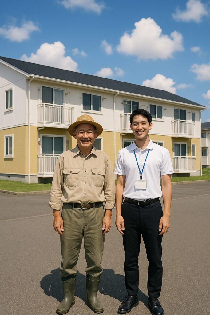 外壁塗装を終えた集合住宅の前で笑顔の施主と作業員が記念撮影