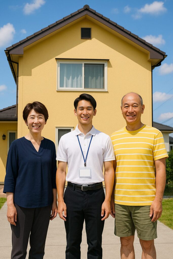黄色い外壁の戸建てを背景に、50代夫婦と作業員が並んで笑顔で立っている記念写真。