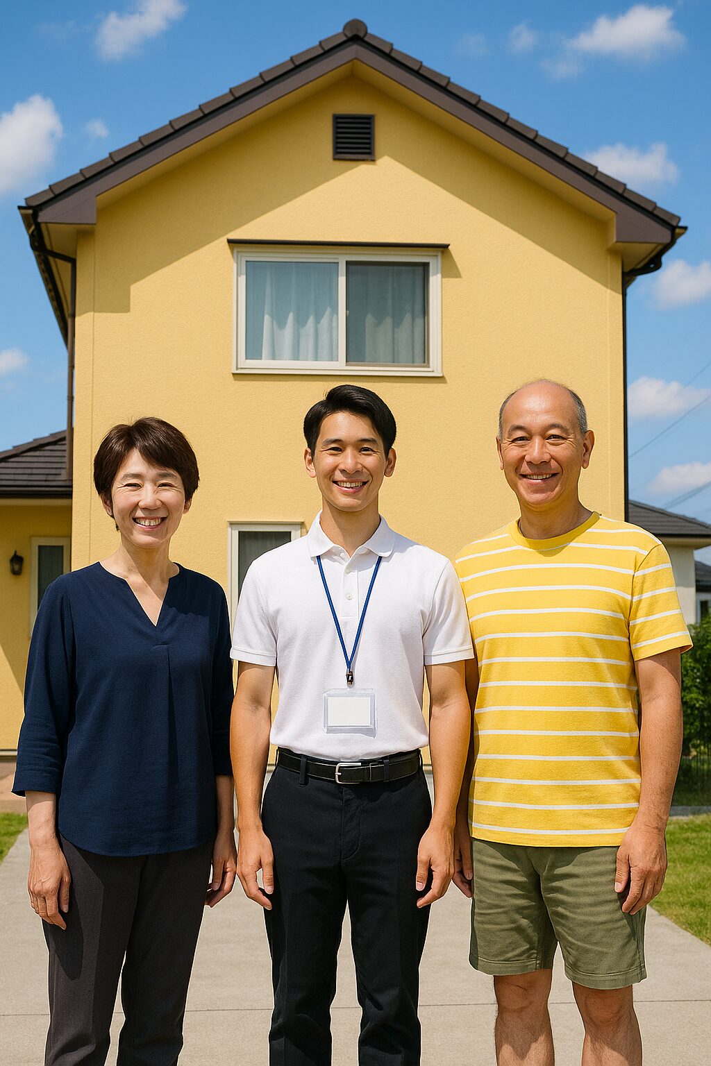 黄色い外壁の戸建てを背景に、50代夫婦と作業員が並んで笑顔で立っている記念写真。