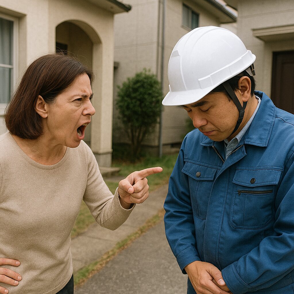 近所トラブルで住民から叱責を受け、反省する作業員の様子