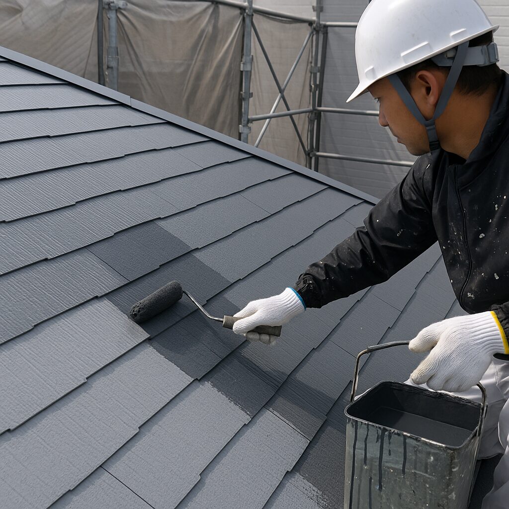 富士宮市で屋根にフッ素塗料を施工する職人の様子