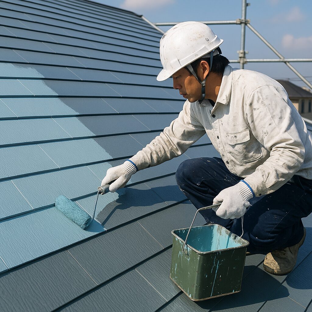 函南町で屋根塗装を行う職人が遮熱・断熱塗料をローラーで塗布している施工風景