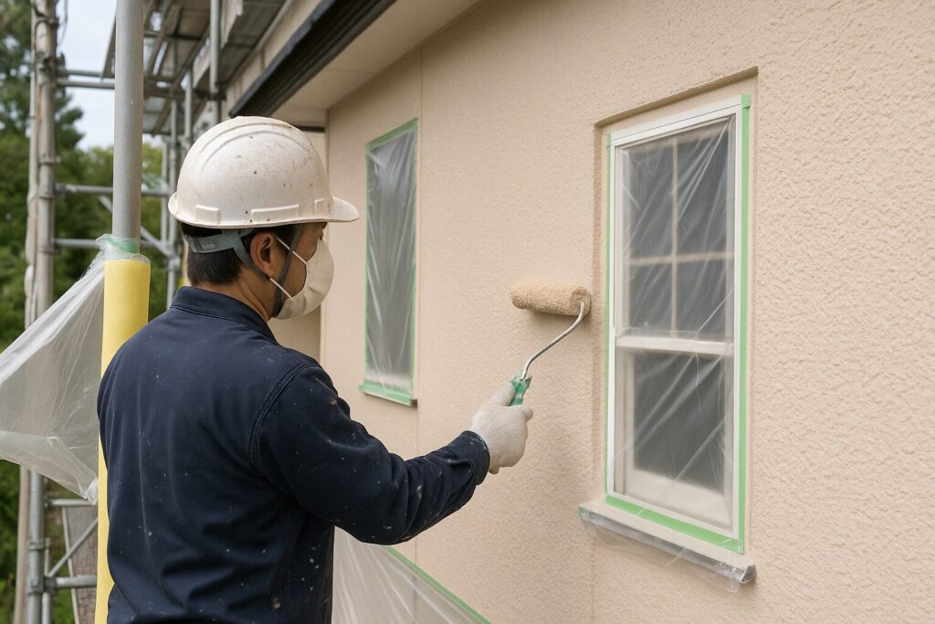 「函南町で外壁塗装をする職人。マスク着用で健康被害防止に配慮した作業」