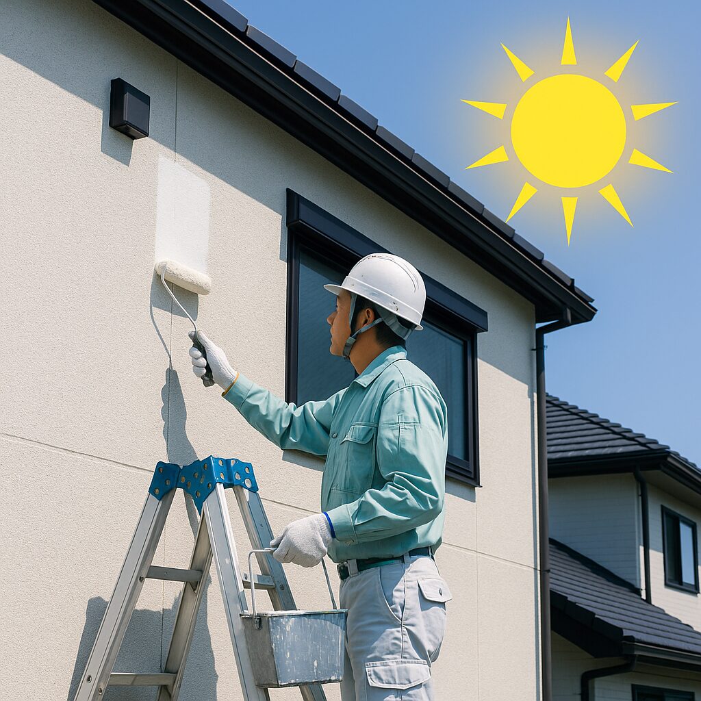 函南町で外壁塗装を行う職人が遮熱系塗料をローラーで施工している様子
