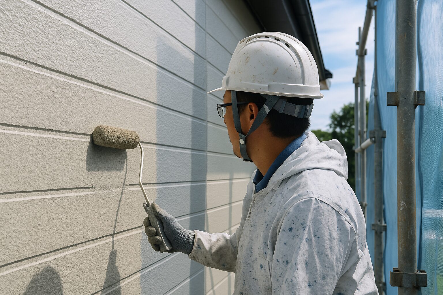 伊豆の国市で外壁塗装を行う職人が、気温の良い日にローラーでペンキを塗っている様子