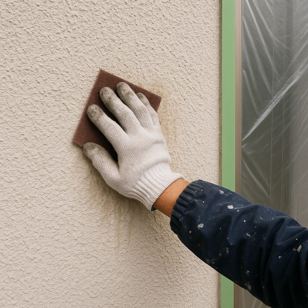 外壁塗装の下地処理で職人がサンドペーパーを使い壁を研磨している様子