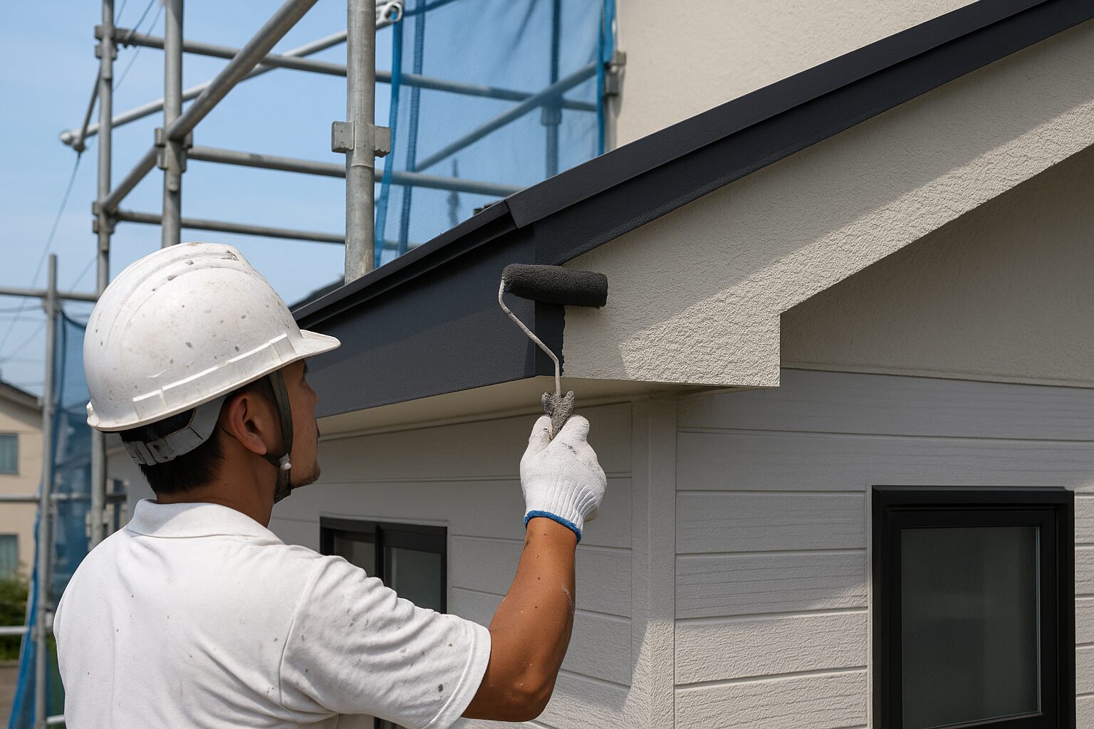 破風板を職人がローラーで塗装している様子。足場を組んだ富士市の住宅で外壁塗装の施工中の風景。