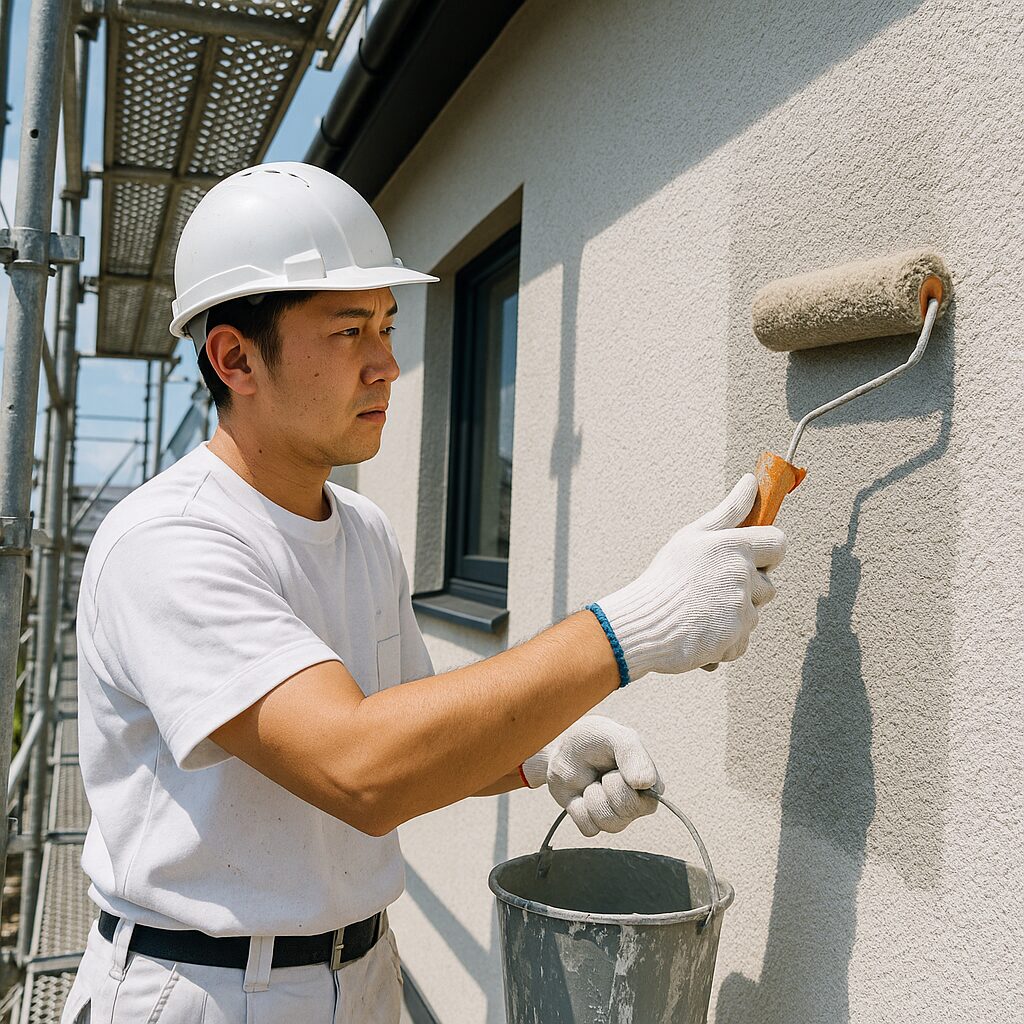 富士市の外壁塗装で職人がローラーで塗装している様子