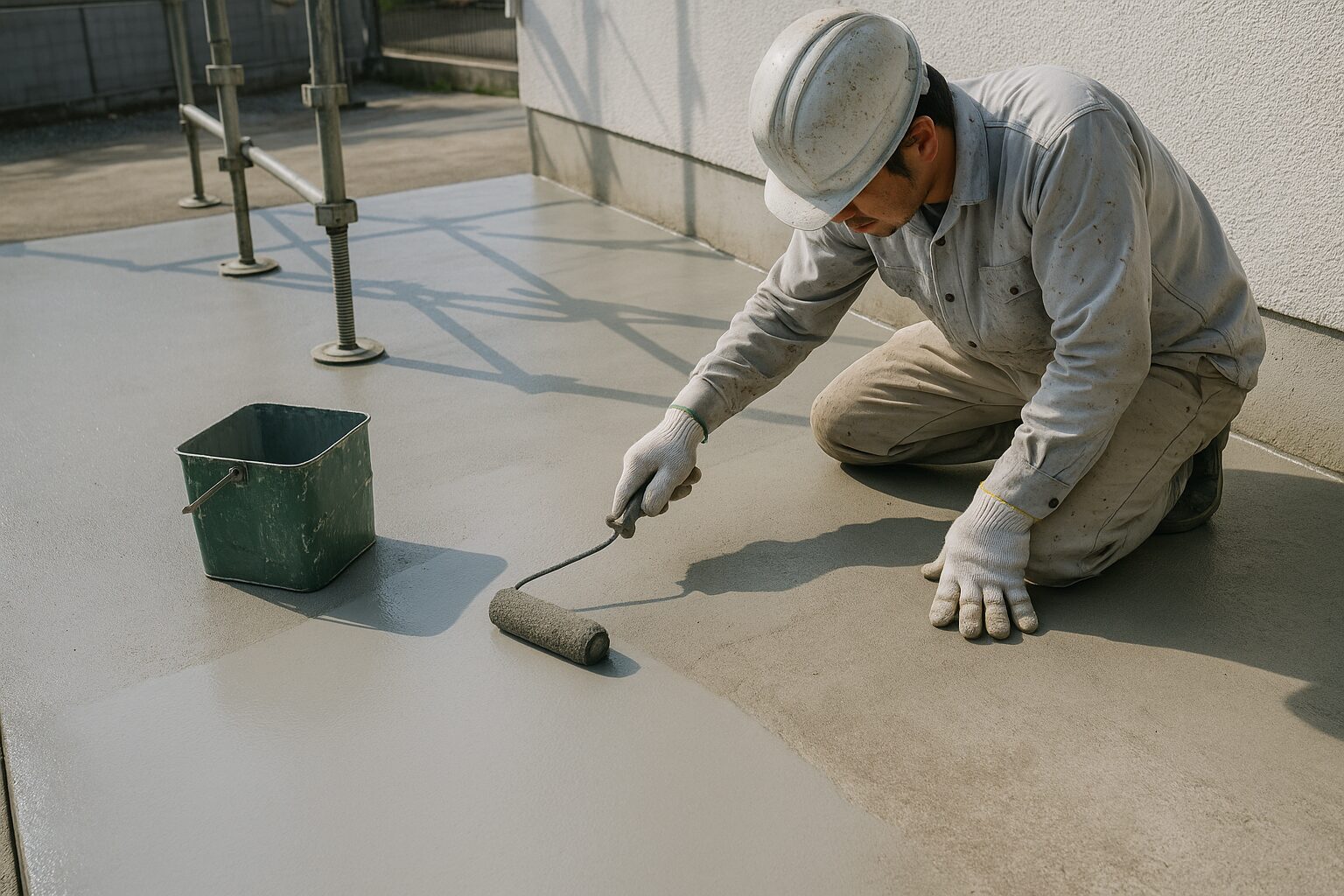 土間コンクリートを職人がローラーで塗装している施工風景