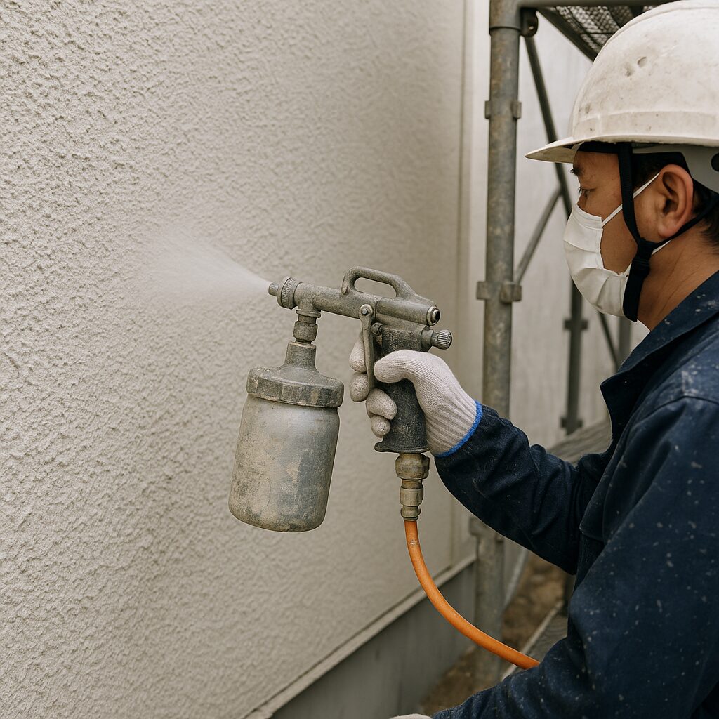 「富士市で外壁塗装を行う職人が、スタッコ外壁に吹き付け施工をしている様子」