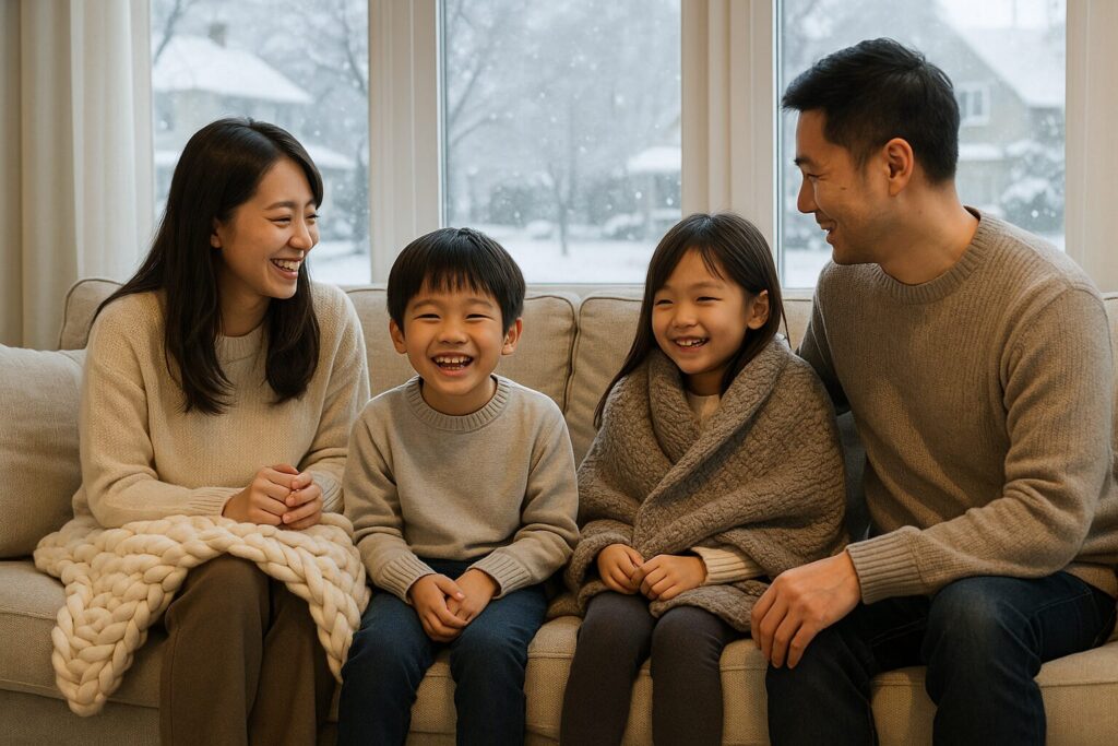裾野市で外壁塗装を行い、冬でも快適に過ごす家族の様子