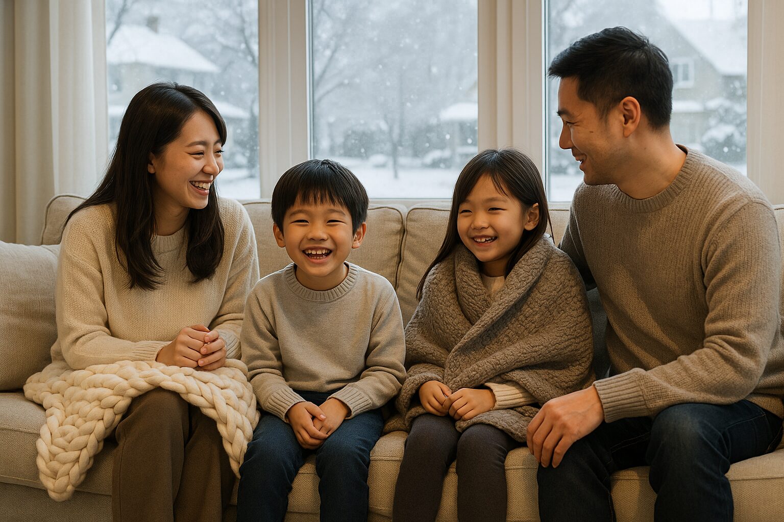 裾野市で外壁塗装を行い、冬でも快適に過ごす家族の様子