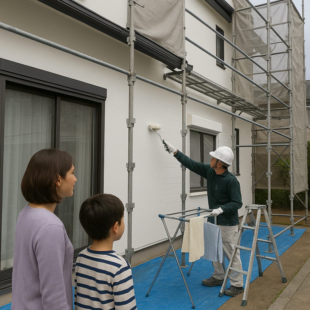 裾野市で外壁塗装中、足場を組んだ住宅で職人がローラー塗装し、家族が見守る様子